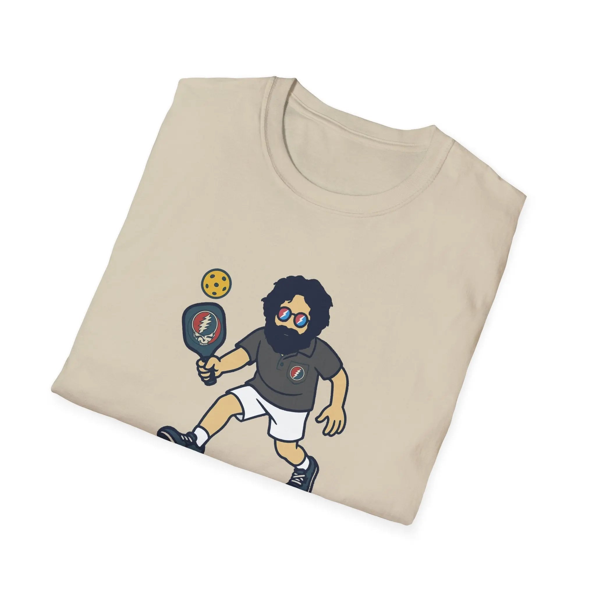 Sand graphic t-shirt with cartoon bearded character holding a bat-style prop