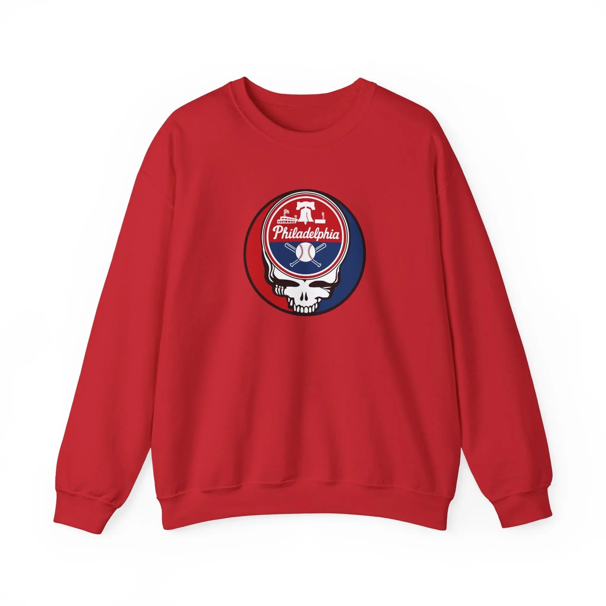 Red crewneck sweatshirt with Philadelphia circular logo and mascot skull graphic on chest.
