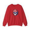 Red crewneck sweatshirt with Philadelphia circular logo and mascot skull graphic on chest.