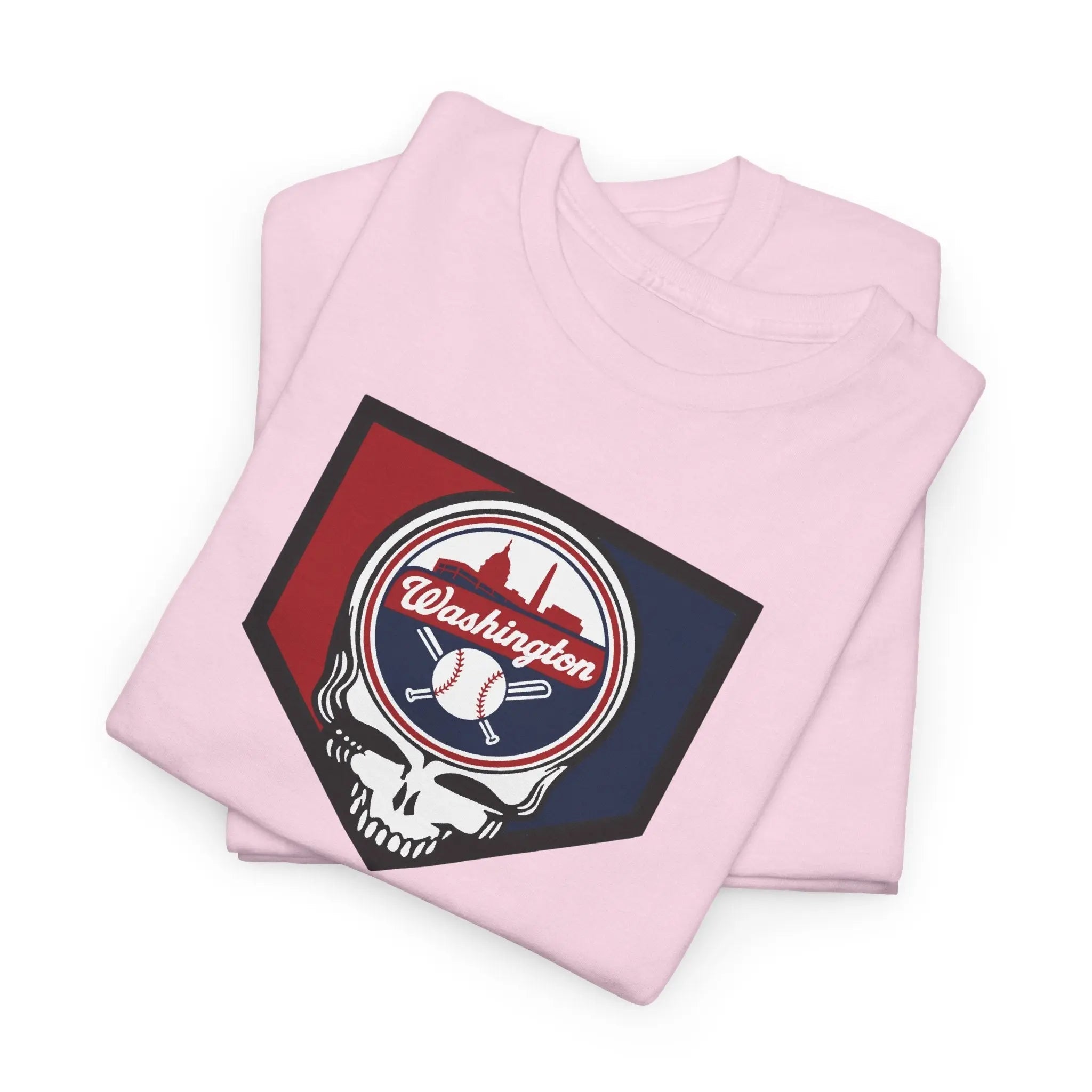 Light pink T-shirt with Washington team logo and skull front graphic