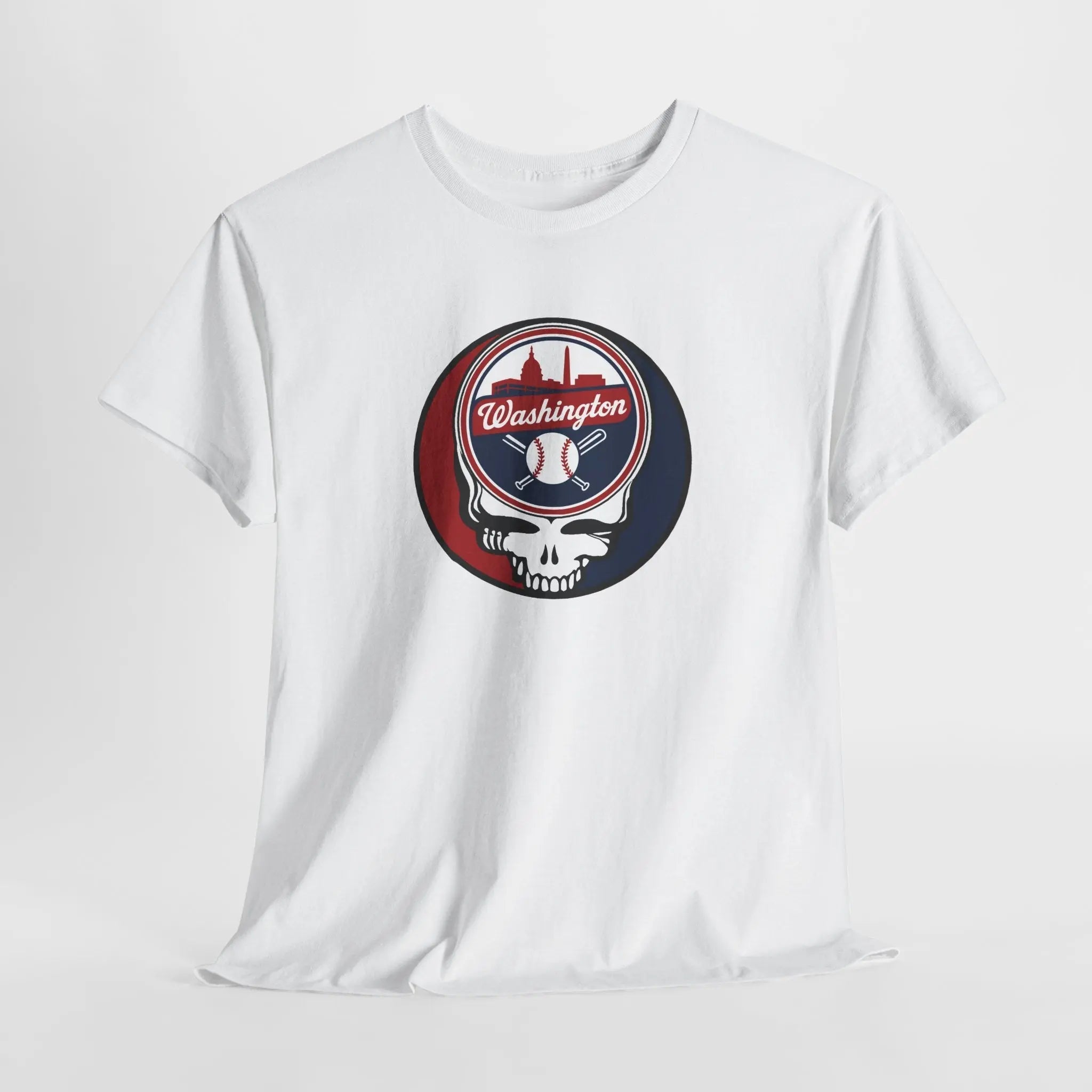 White crewneck T-shirt with circular Washington baseball skull logo graphic