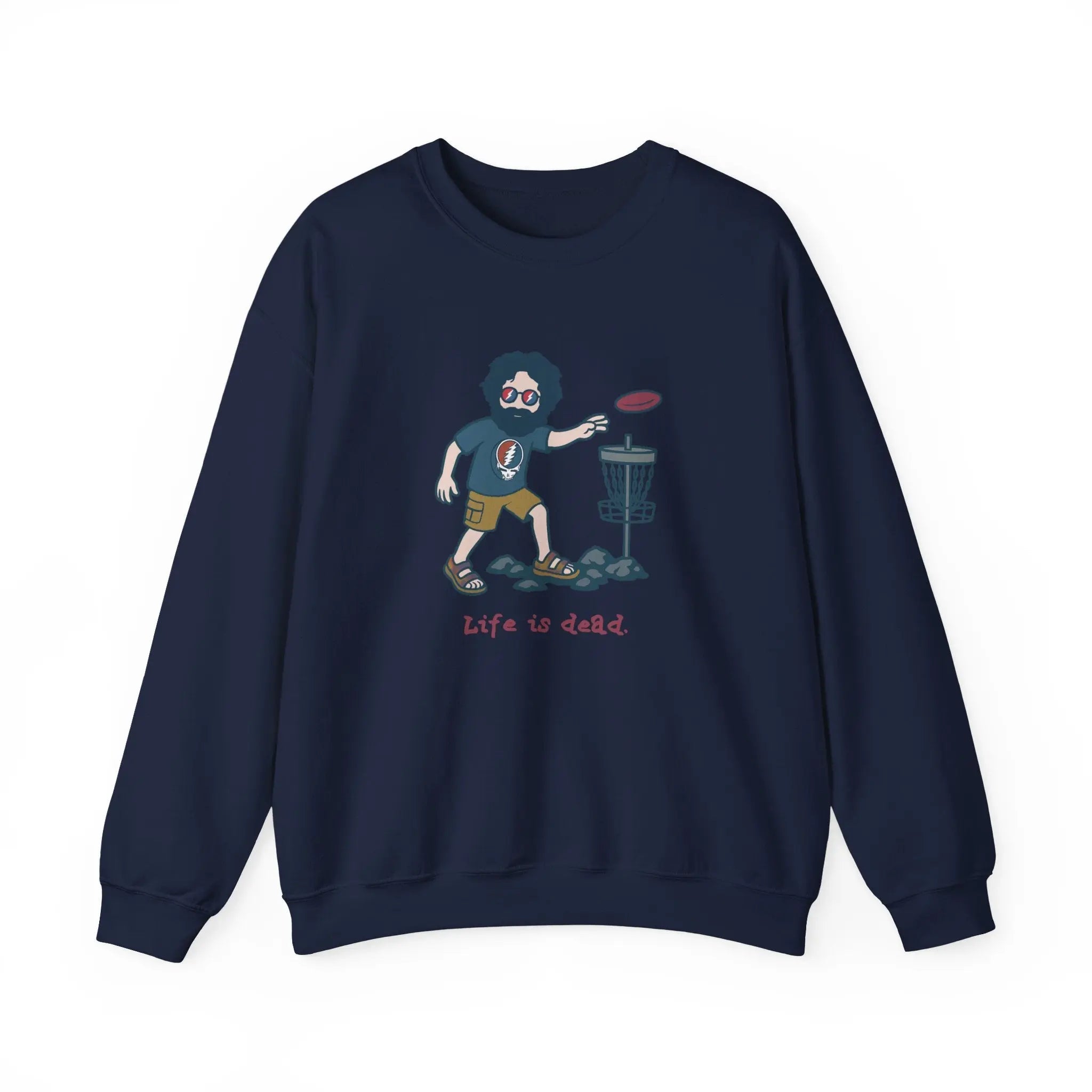 Disc Golfin' Jerry navy crewneck sweatshirt, full front view with cartoon golfer graphic