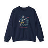 Disc Golfin' Jerry navy crewneck sweatshirt, full front view with cartoon golfer graphic