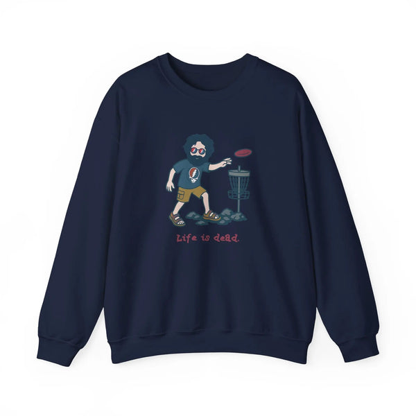 Disc Golfin' Jerry navy crewneck sweatshirt, full front view with cartoon golfer graphic
