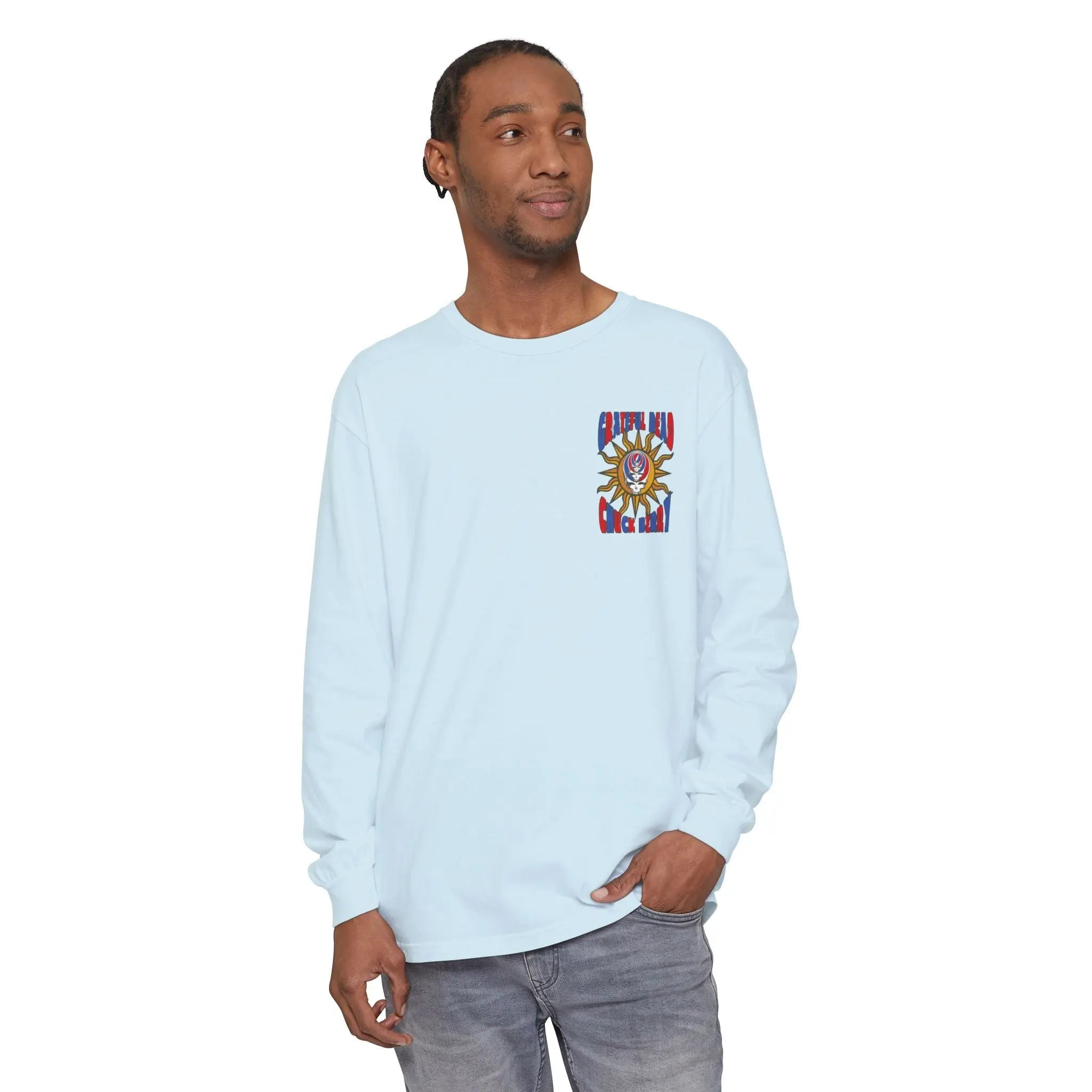 Light blue long-sleeve T-shirt with small front festival skull emblem