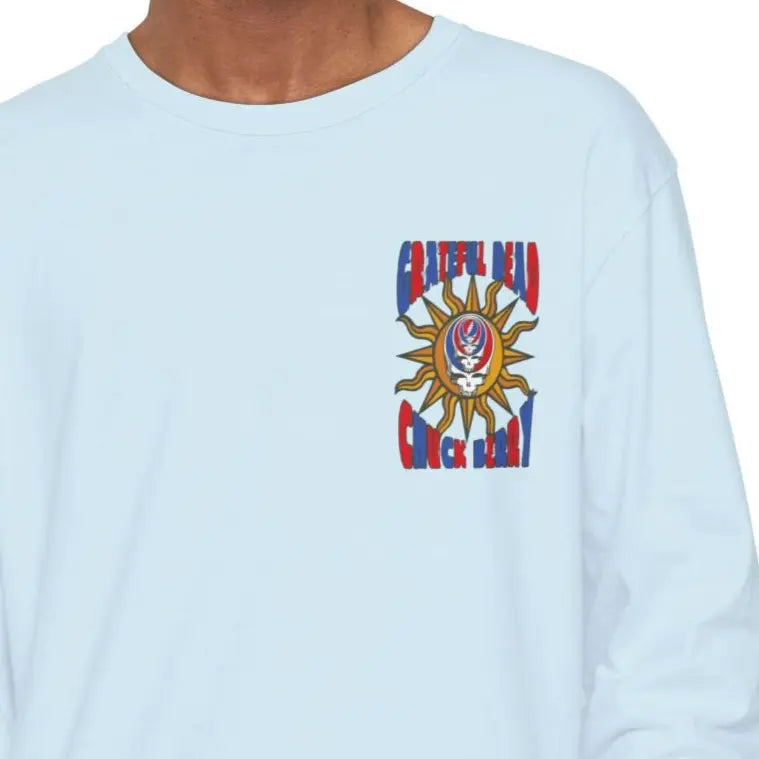 Light blue long-sleeve T-shirt with small front festival skull graphic