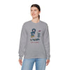 Disc Golfin' Jerry sport grey crewneck sweatshirt, model wearing with front cartoon golfer graphic