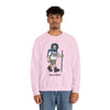 Light pink crewneck sweatshirt with hiker character graphic, model wearing