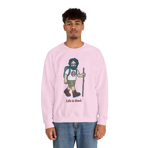 Light pink crewneck sweatshirt with hiker character graphic, model wearing