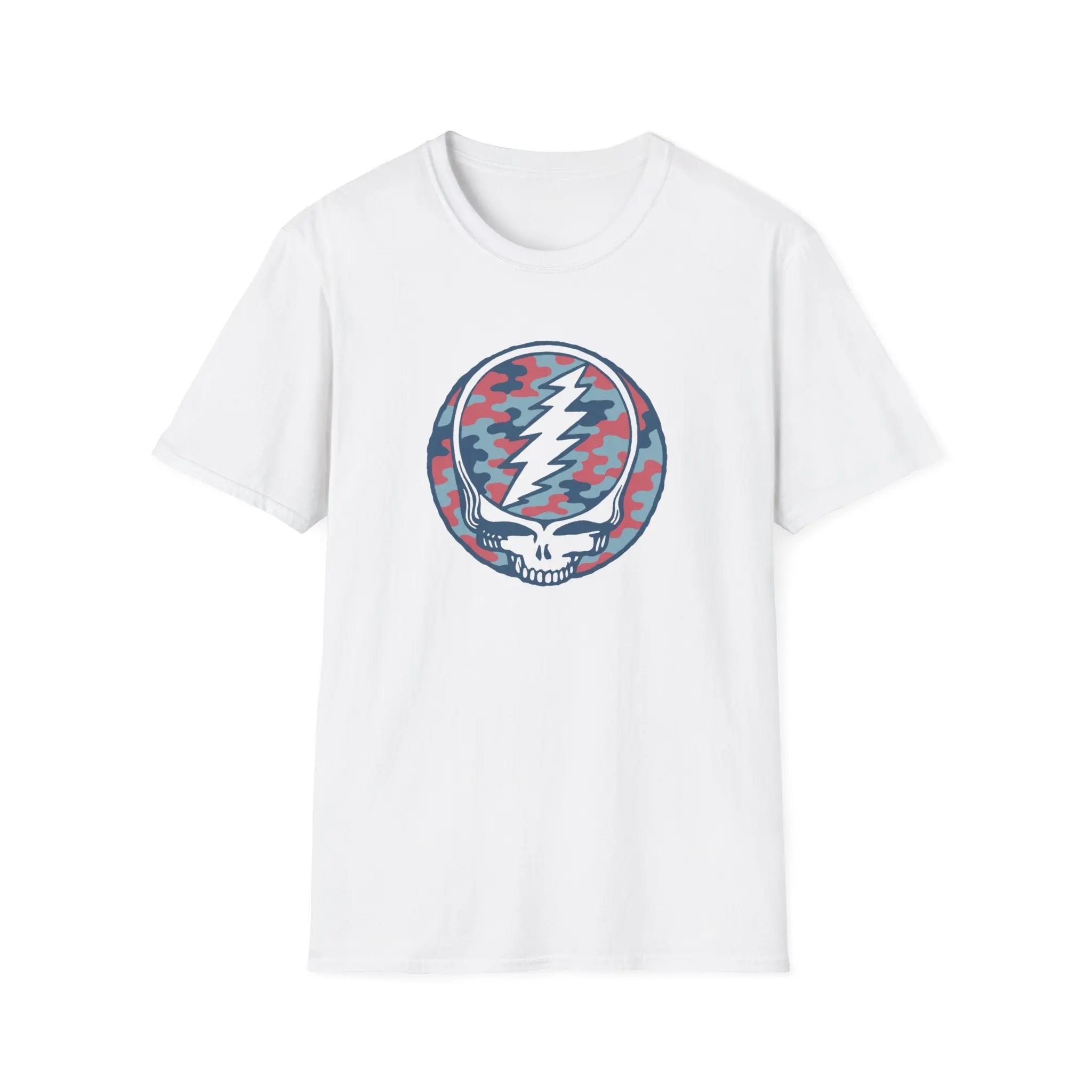 White crewneck T-shirt with circular camo skull lightning graphic