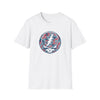 White crewneck T-shirt with circular camo skull lightning graphic