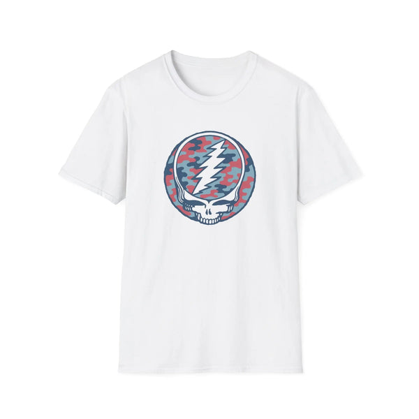 White crewneck T-shirt with circular camo skull lightning graphic