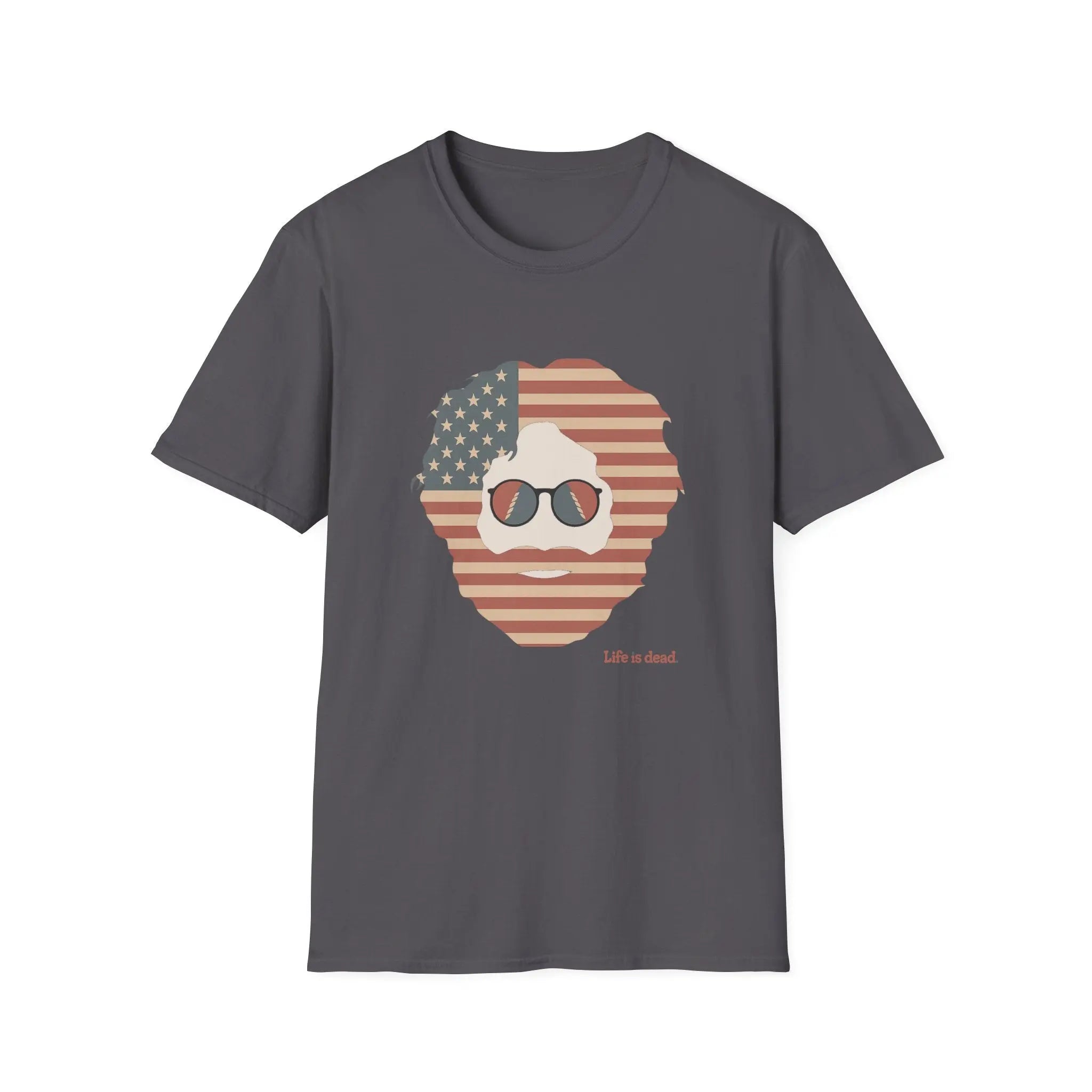Dark heather gray crewneck T-shirt with patriotic bearded skull graphic, 