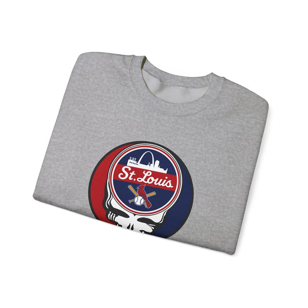 Light gray crewneck sweatshirt featuring St. Louis logo skull graphic on chest