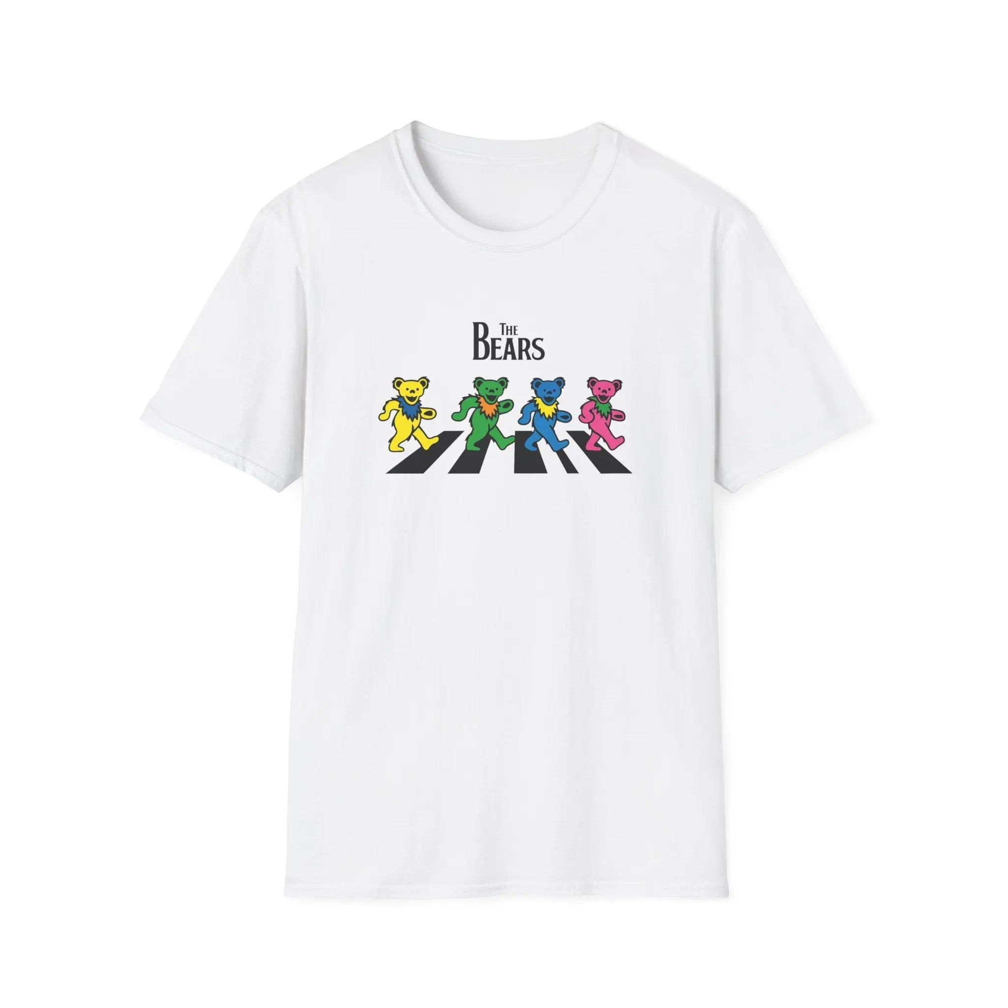 White graphic T-shirt with “The Bears” text and four colorful cartoon bear characters