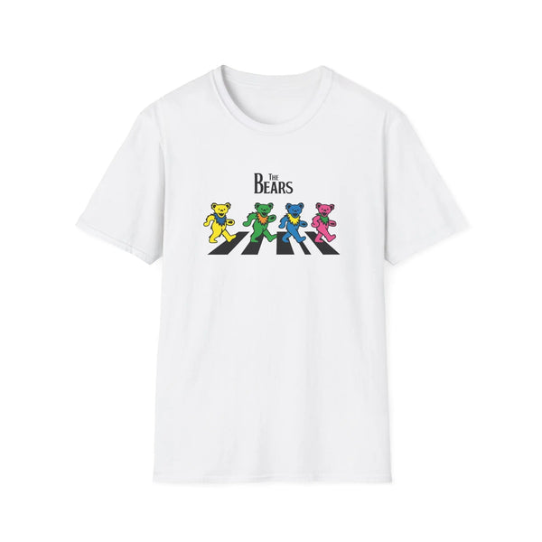 White graphic T-shirt with “The Bears” text and four colorful cartoon bear characters