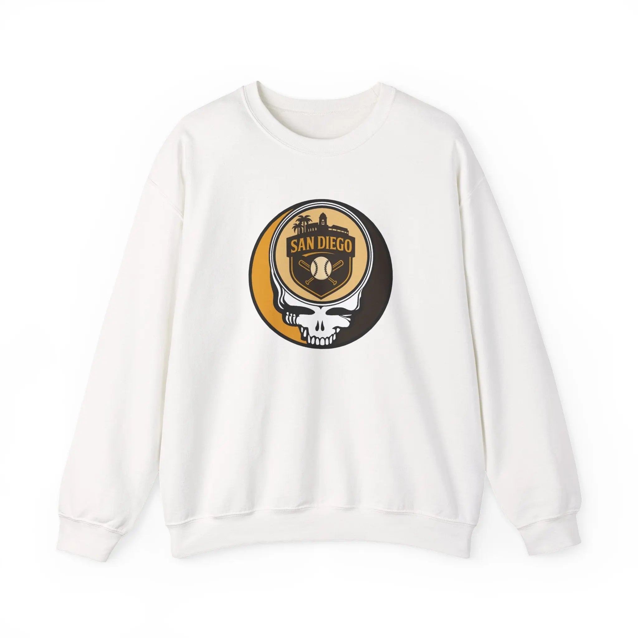 White crewneck sweatshirt with long sleeves and San Diego skull logo graphic