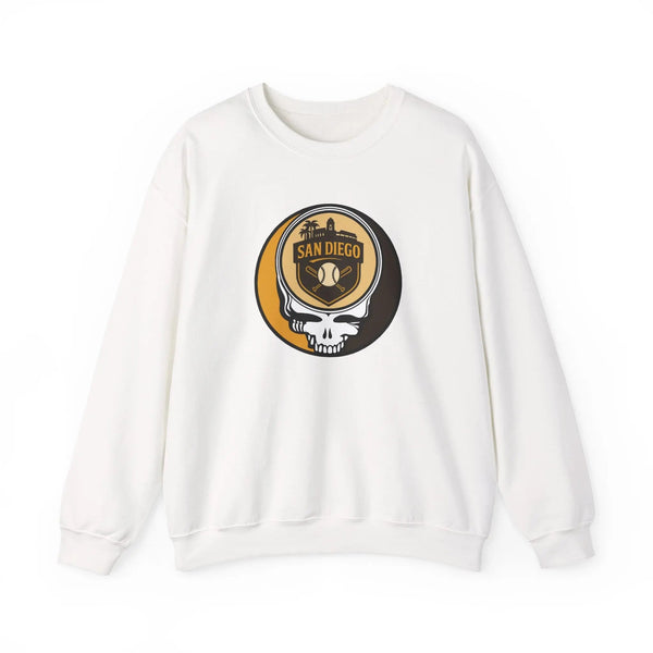 White crewneck sweatshirt with long sleeves and San Diego skull logo graphic