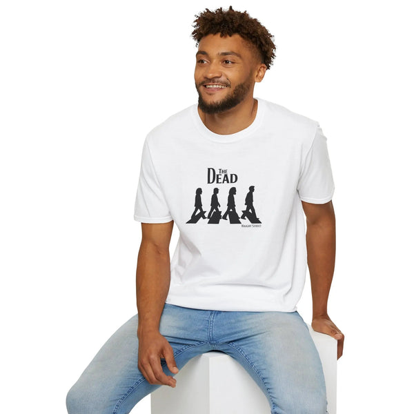 White crewneck T-shirt with black crosswalk silhouette graphic, front view
