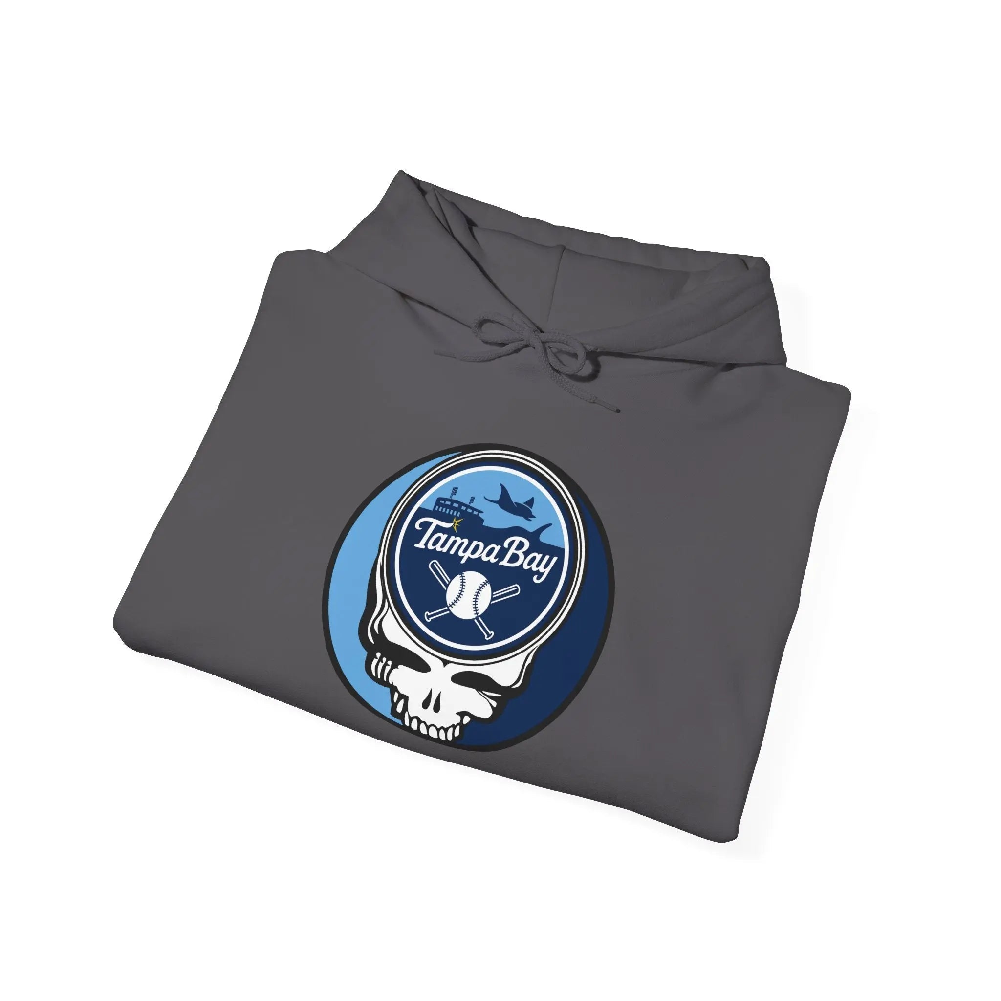 Dark charcoal Tampa Bay Rays hoodie folded with drawstring hood and team logo graphic