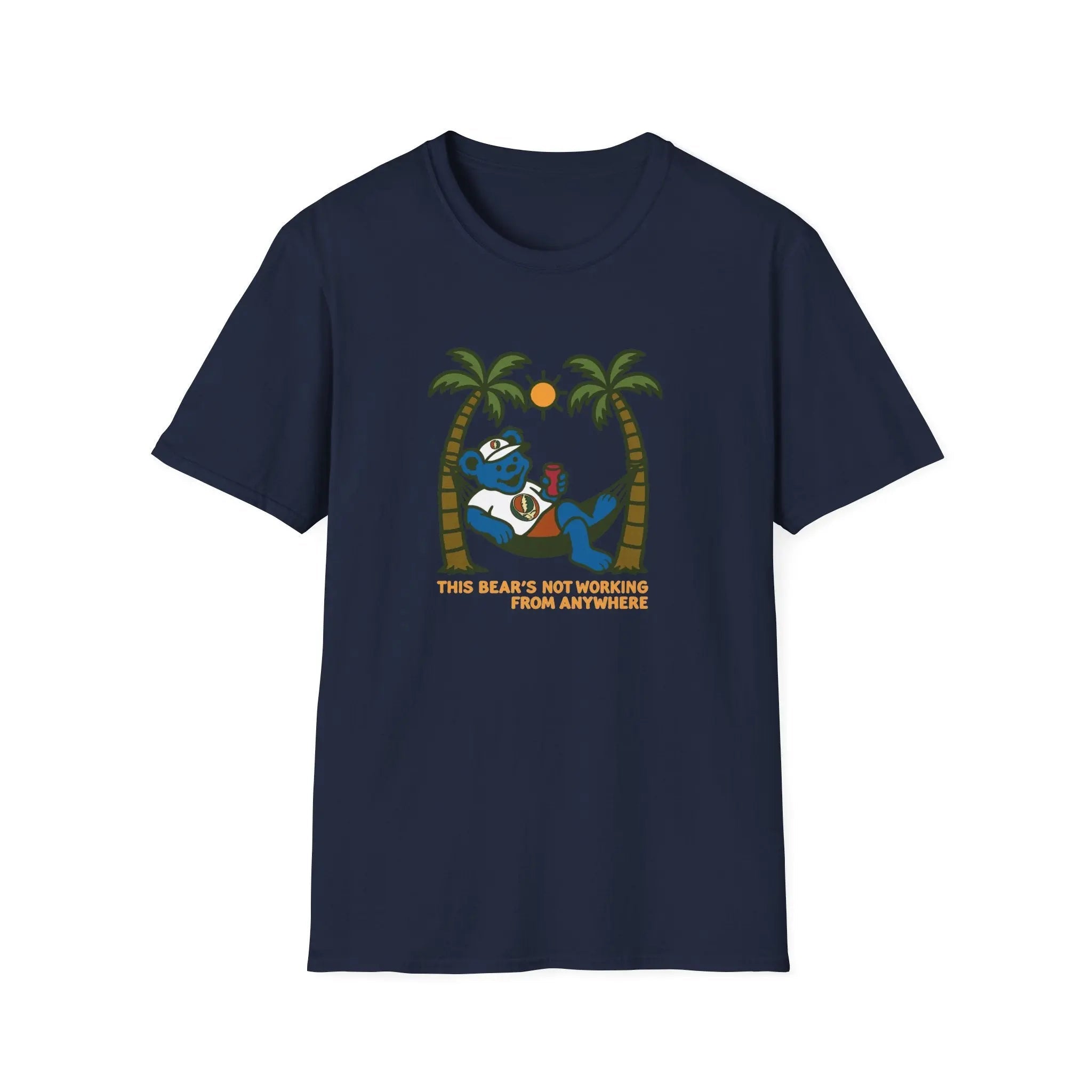 Navy crew-neck graphic t-shirt with cartoon bear and palm tree print, short sleeves