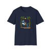 Navy crew-neck graphic t-shirt with cartoon bear and palm tree print, short sleeves