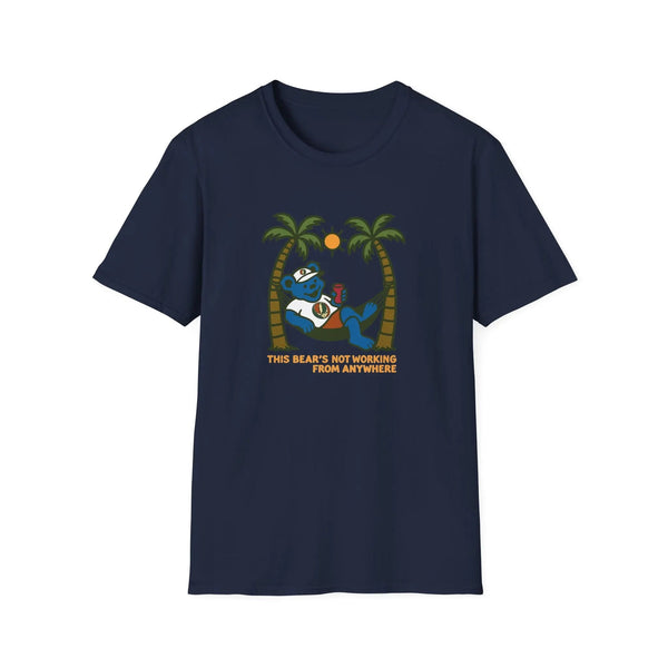 Navy crew-neck graphic t-shirt with cartoon bear and palm tree print, short sleeves