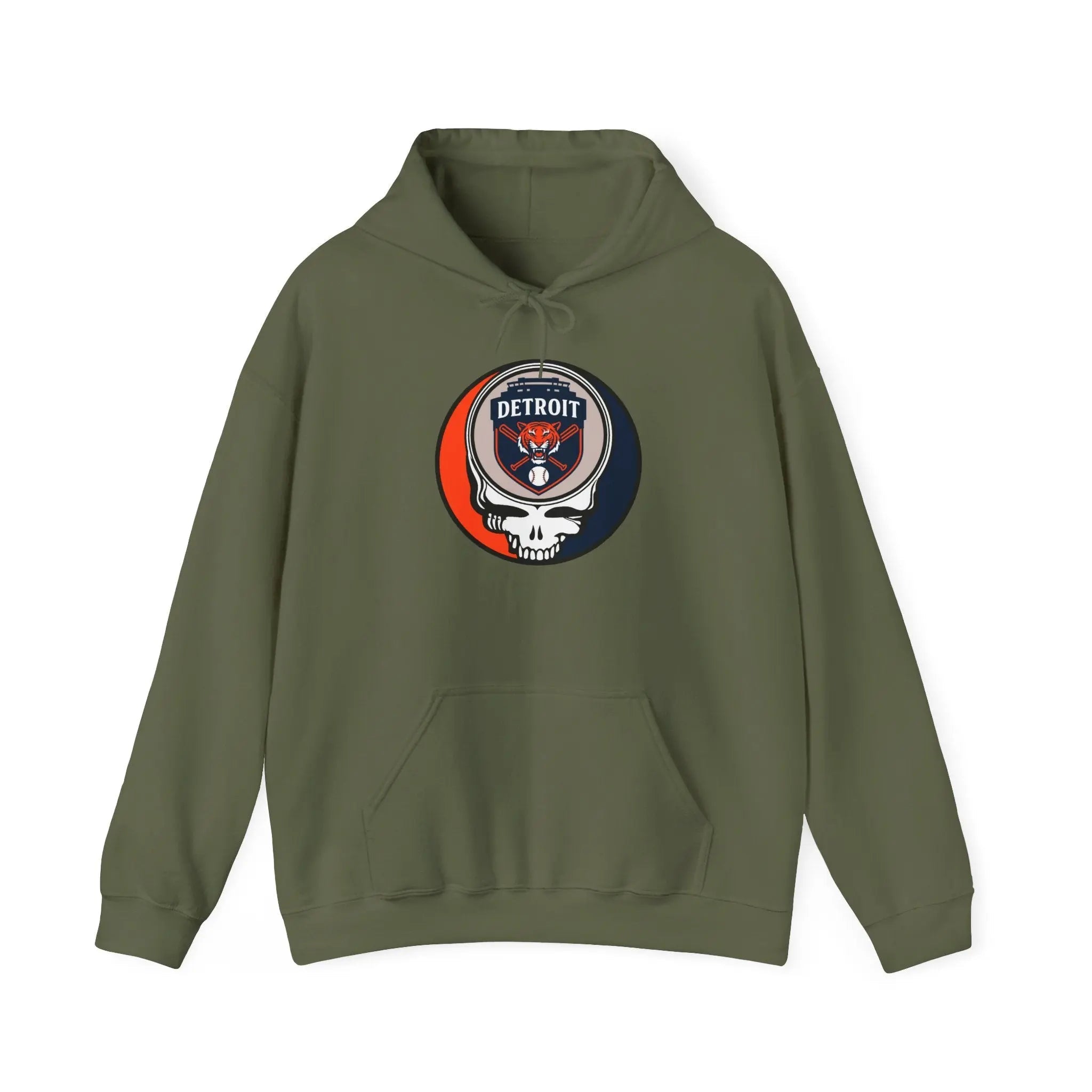 Military green pullover hoodie with Detroit logo graphic and front pocket