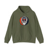 Military green pullover hoodie with Detroit logo graphic and front pocket
