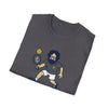Charcoal graphic t-shirt with cartoon bearded character holding a bat-style prop