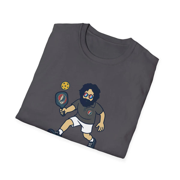 Charcoal graphic t-shirt with cartoon bearded character holding a bat-style prop