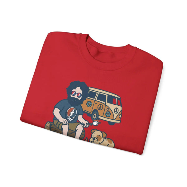 Red crewneck sweatshirt, folded, with camping graphic and characters on front.