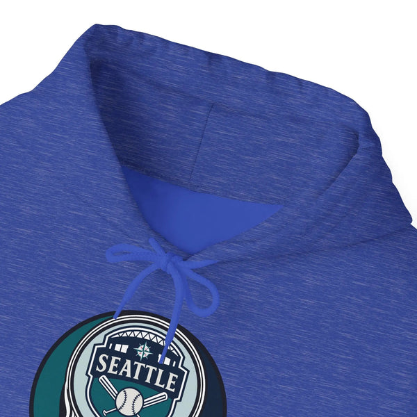 Blue hooded sweatshirt with Seattle Mariners Stealie graphic on the chest