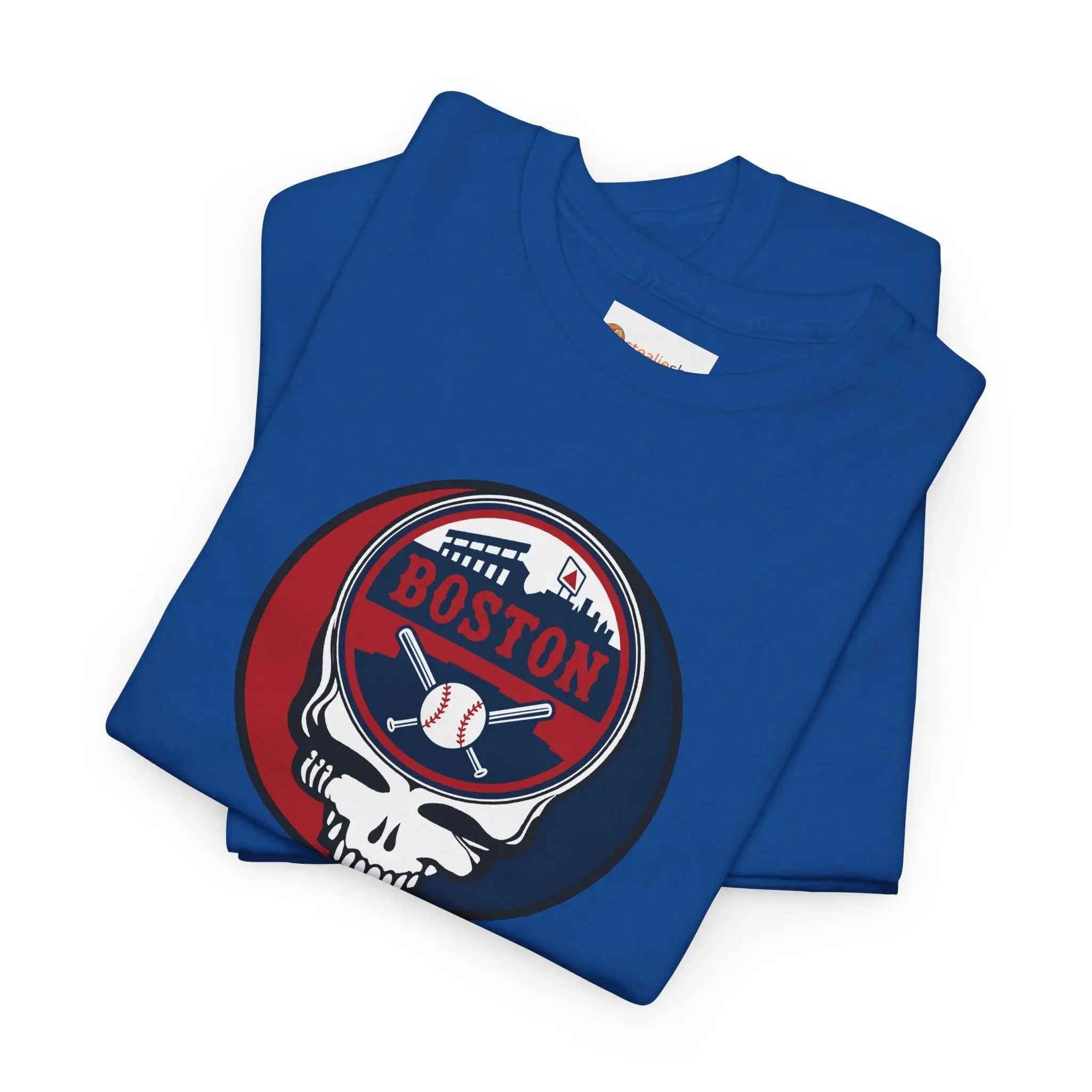 Royal blue T-shirt with circular Boston logo skull and baseball print