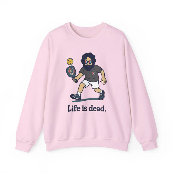 Light pink crewneck sweatshirt with cartoon character graphic and 'Life is dead.'