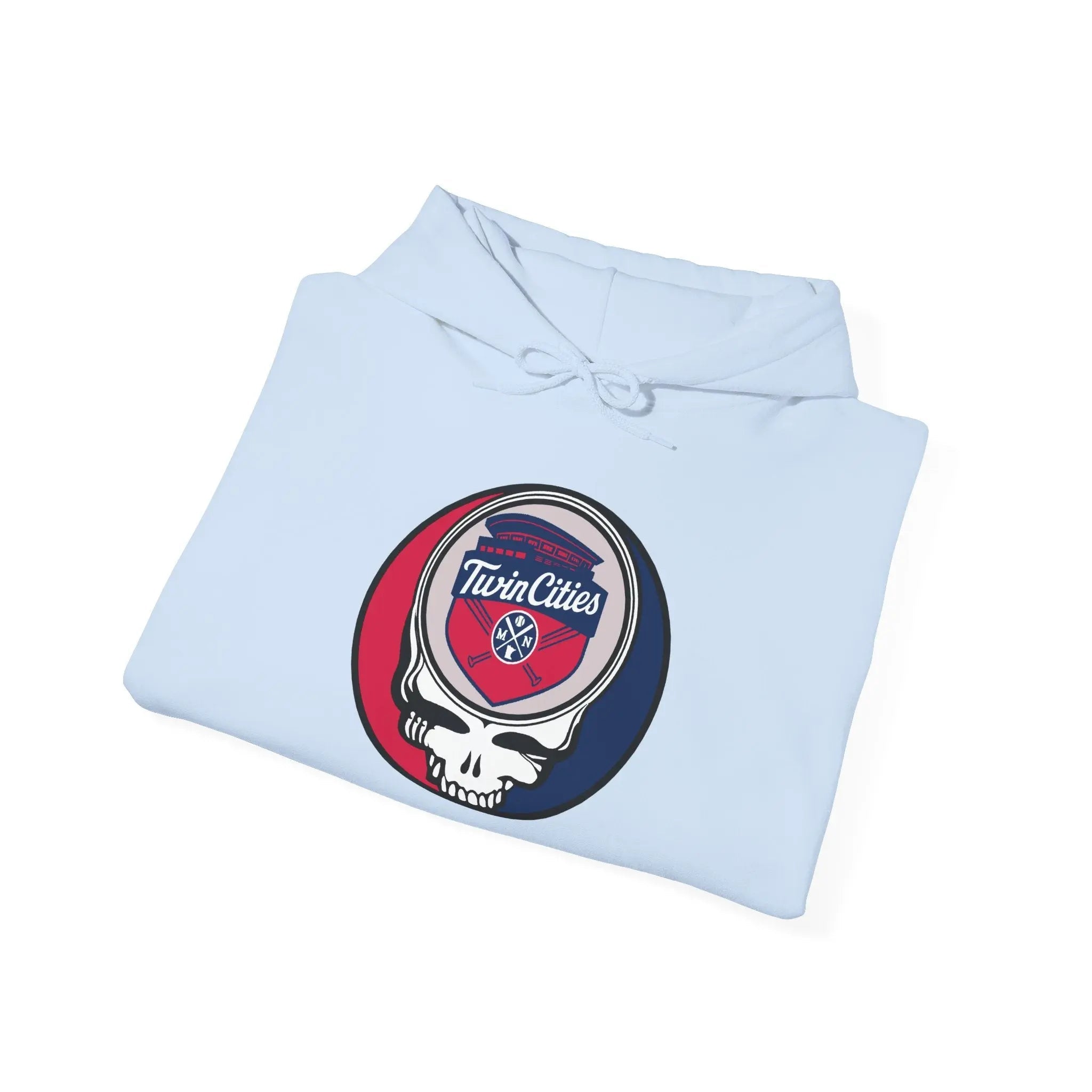 Light blue folded pullover hoodie with Twin Cities logo patch, hood and drawstring