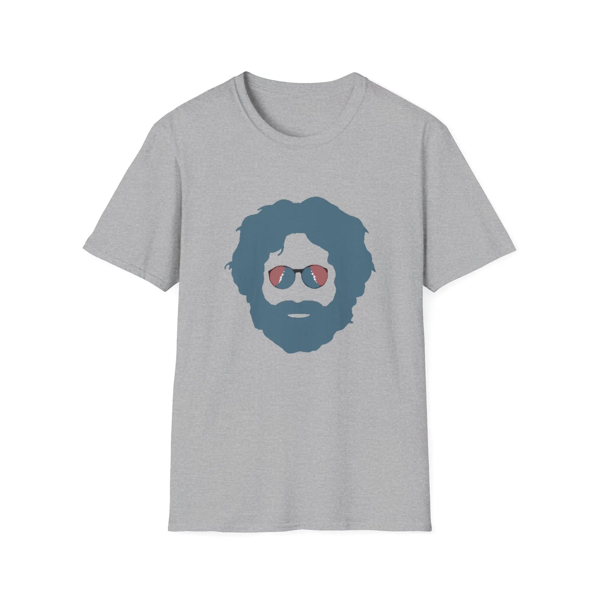 Sport grey T-shirt with blue bearded face graphic and sunglasses