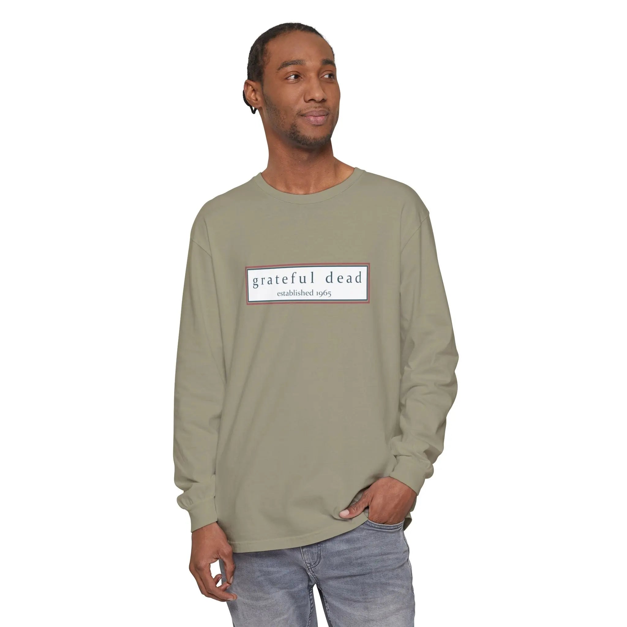 Sandstone long-sleeve shirt with front rectangular logo patch graphic