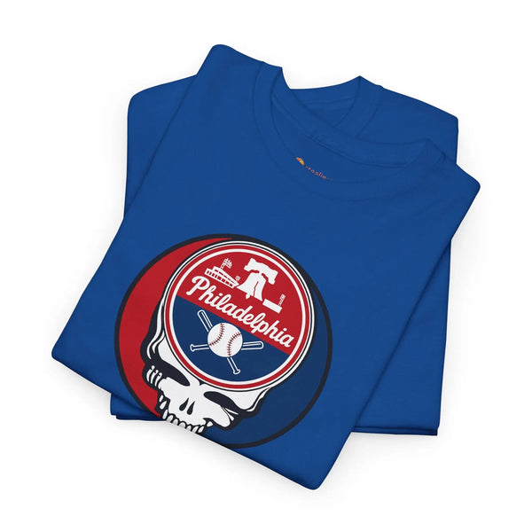 Royal blue short-sleeve crewneck T-shirt set with circular Stealie skull Philadelphia graphic