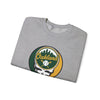 Sport grey crewneck sweatshirt with Oakland logo skull graphic, angled view