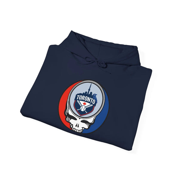 Navy hoodie with stacked-fold look, drawstring hood, Toronto logo emblem