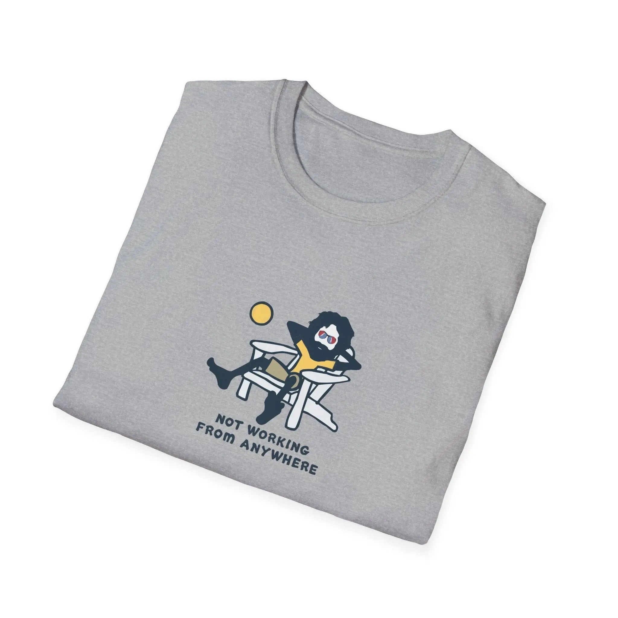 Sport grey crew-neck T-shirt with cartoon “NOT WORKING FROM ANYWHERE” graphic on chest