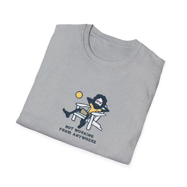 Sport grey crew-neck T-shirt with cartoon “NOT WORKING FROM ANYWHERE” graphic on chest