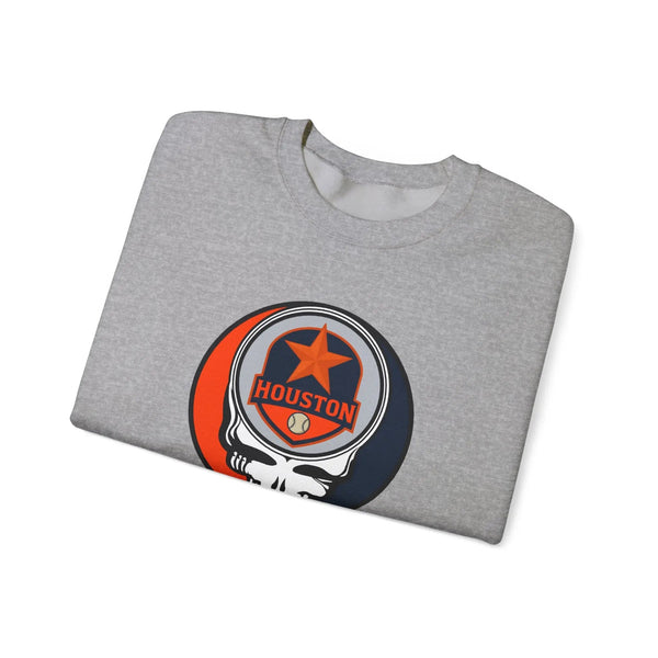 Sport grey crewneck sweatshirt with Houston Astros Stealie skull logo on chest, angled