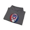 Dark gray pullover hoodie with drawstring hood and circular Texas Rangers Stealie logo