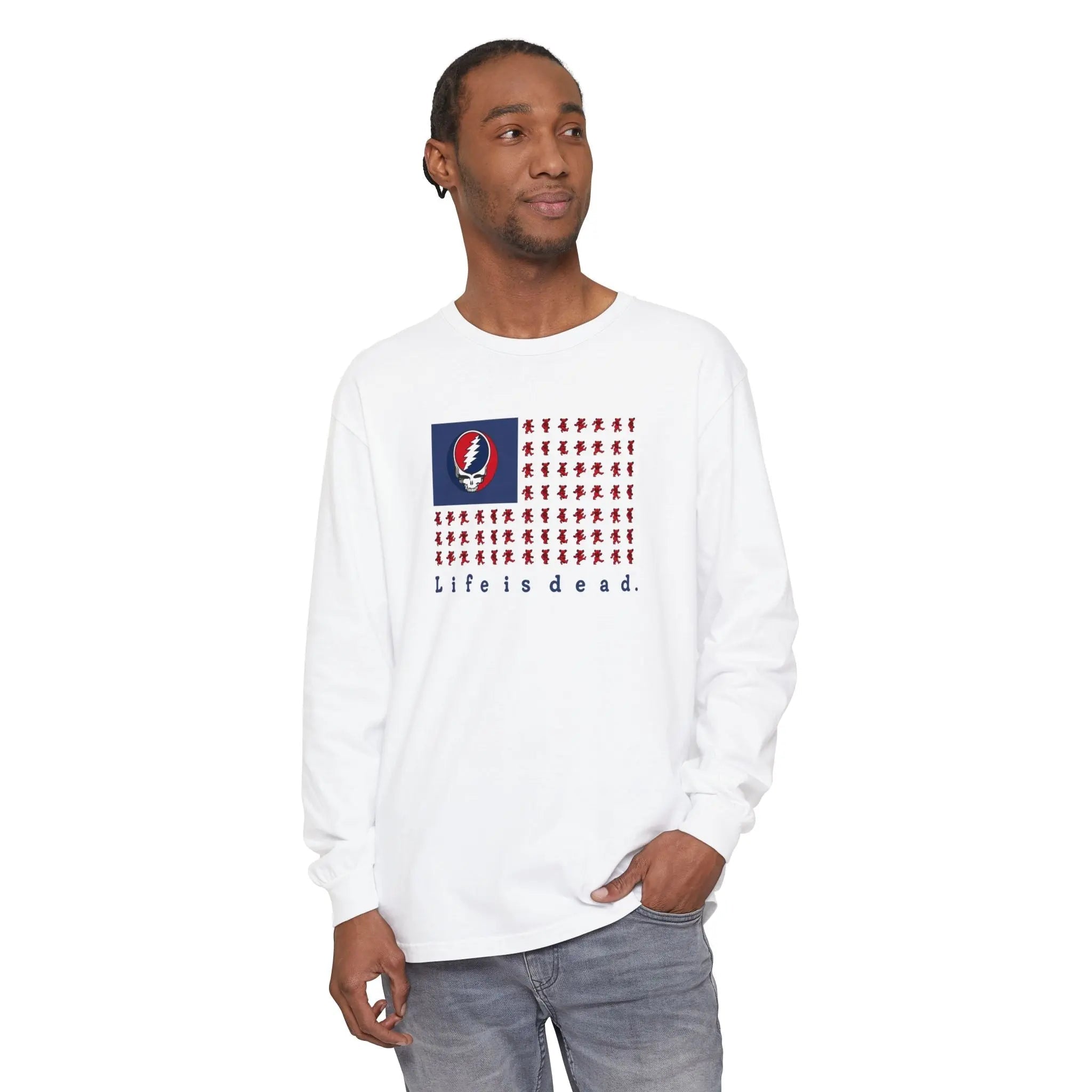White long-sleeve t-shirt with chest flag graphic and Life is dead print