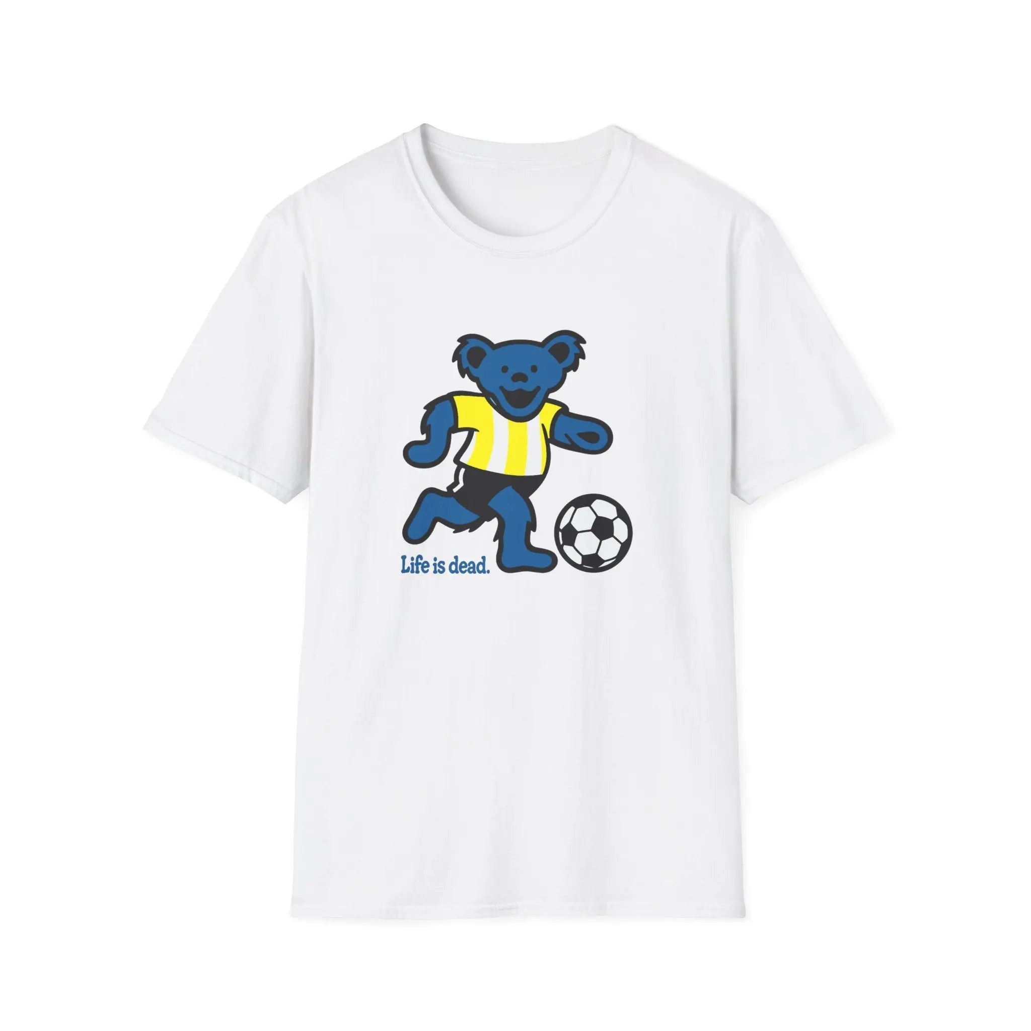 White T-shirt with blue bear soccer graphic and “Life is dead.” print