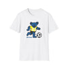 White T-shirt with blue bear soccer graphic and “Life is dead.” print