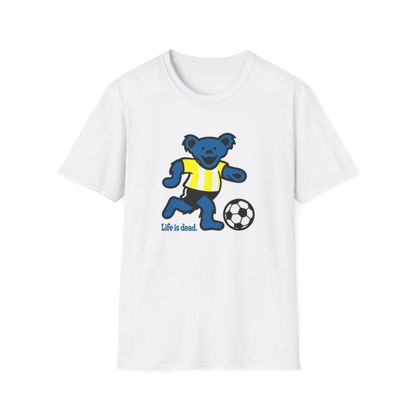 White T-shirt with blue bear soccer graphic and “Life is dead.” print