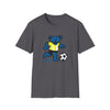 Charcoal T-shirt with blue bear playing soccer and “Life is dead.” print